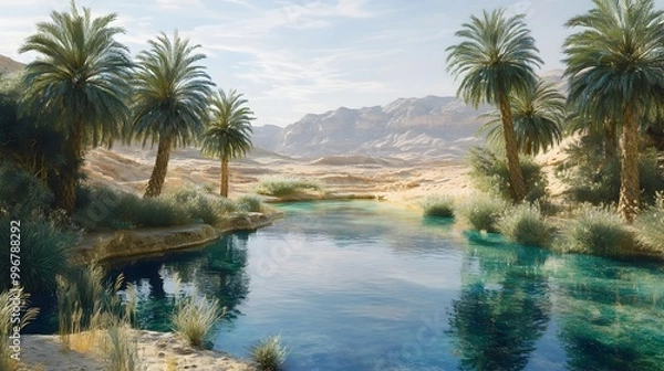 Fototapeta Enchanting surreal oasis in the heart of a vast desolate desert landscape featuring lush palm trees shimmering pools of crystal clear water and mirage like reflections