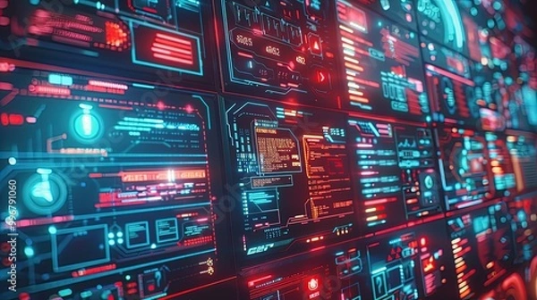 Obraz A network of connected computers displaying various codes and data on their screens