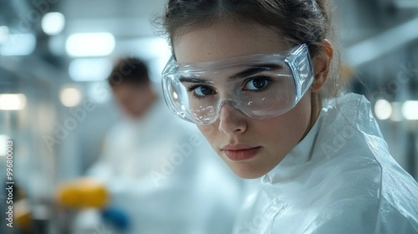 Fototapeta A young woman in a lab coat and safety goggles looks directly at the camera while working in a laboratory.