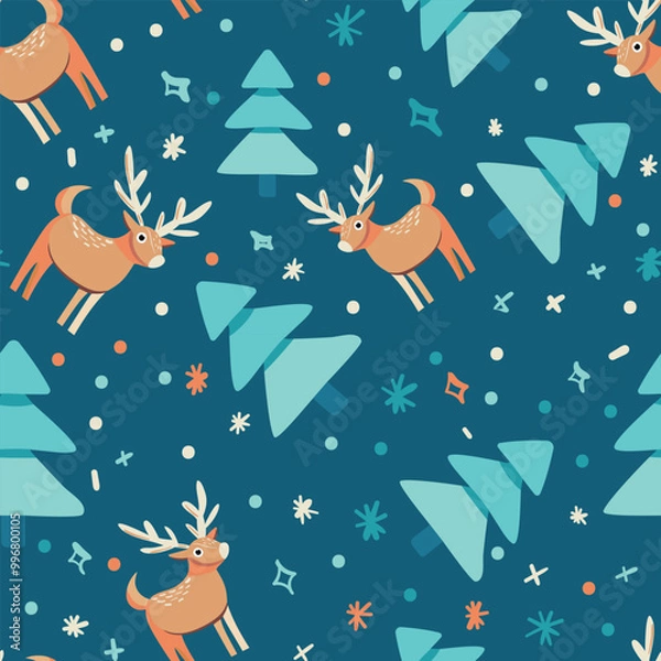 Fototapeta Print. Versatile Scandinavian animal pattern featuring trees and deers. Ideal for wallpapers, posters, fabric prints, or any project that needs a touch of Nordic whimsy. Hand-drawn vector illustration