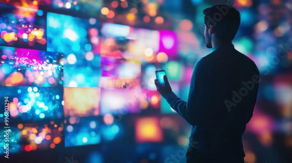 Fototapeta Young man interacting with digital screen with colorful lights, streaming technology concept