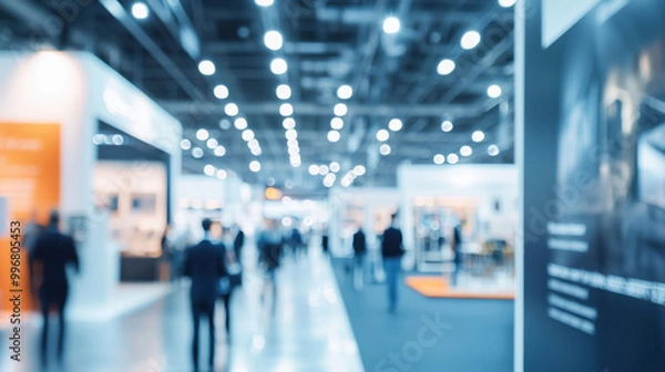 Obraz Blurred background of a business exhibition with exhibit booths at a convention center with people walking around looking at exhibits with orange signage.