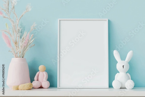 Fototapeta Empty frame for mockup in a children's room with toys on white shelf