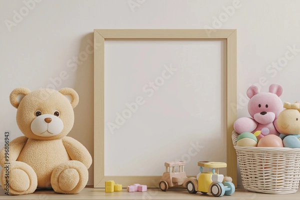 Fototapeta Empty frame for mockup in a children's room with toys on white shelf