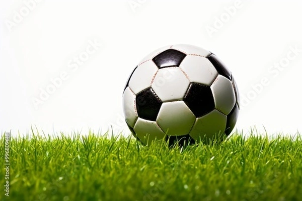 Fototapeta Soccer ball nestled in lush green grass against a crisp white background for contrast
