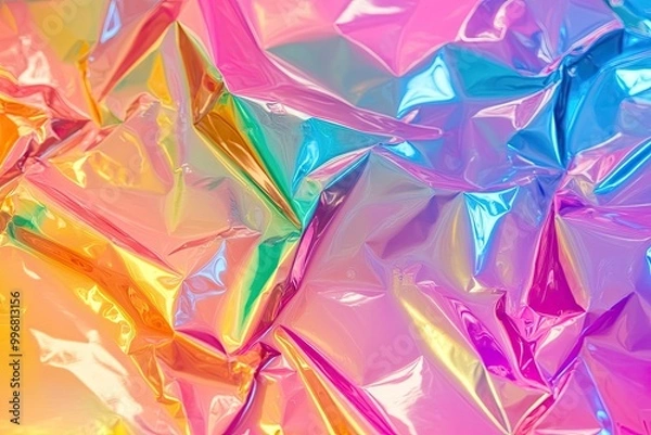 Fototapeta Crinkled cellophane texture, reflecting a rainbow of light with sharp creases
