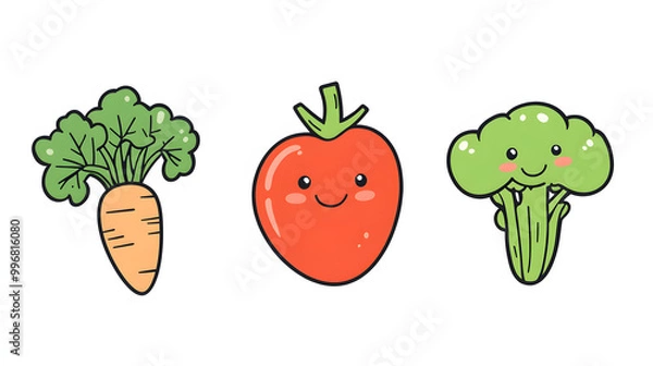 Fototapeta Colorful healthy food vector illustration of fresh vegetables and fruits on a white background