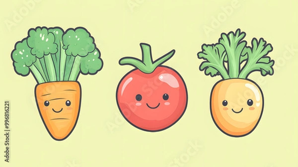 Fototapeta Colorful healthy food vector illustration of fresh vegetables and fruits on a white background
