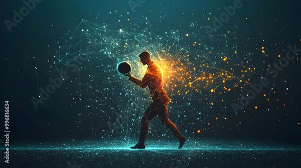 Fototapeta Abstract Man Holding Sphere with Network Connections