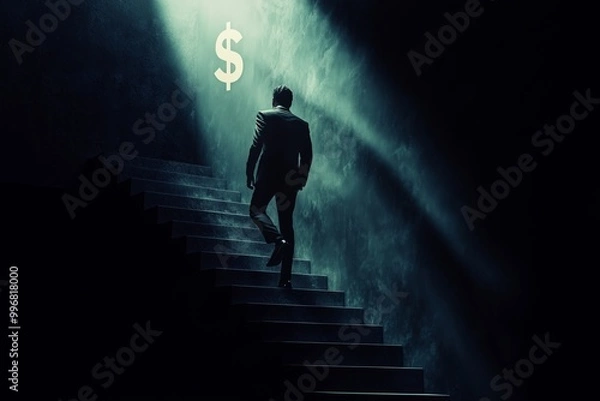 Fototapeta A person in a suit ascends dimly lit stairs towards a glowing dollar sign, symbolizing ambition and the pursuit of wealth in a dramatic setting