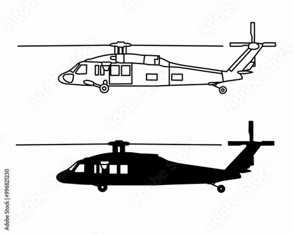 Obraz Black Hawk helicopter silhouette and sketch illustration 
