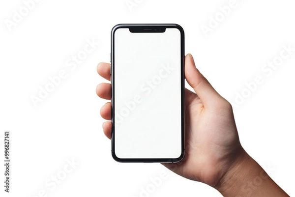 Fototapeta Smartphone Mockup with Blank Screen Held in Hand, Isolated Mobile Device for App Display and Digital Technology, Perfect for Tech Designs and Mobile Templates