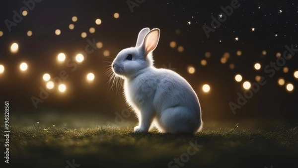 Obraz A rabbit sits on grass at night its eyes shining with a soft light in front of a starry sky under a warm glow from below.