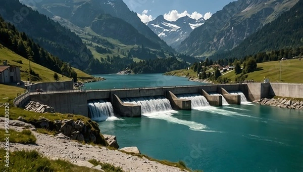 Fototapeta Alpine lake and dam in Switzerland generating eco-friendly hydropower.