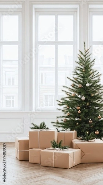 Fototapeta This warm, inviting room is decorated for Christmas, featuring a sparkling tree, gifts nestled underneath, and soft lighting that enhances the holiday spirit beautifully
