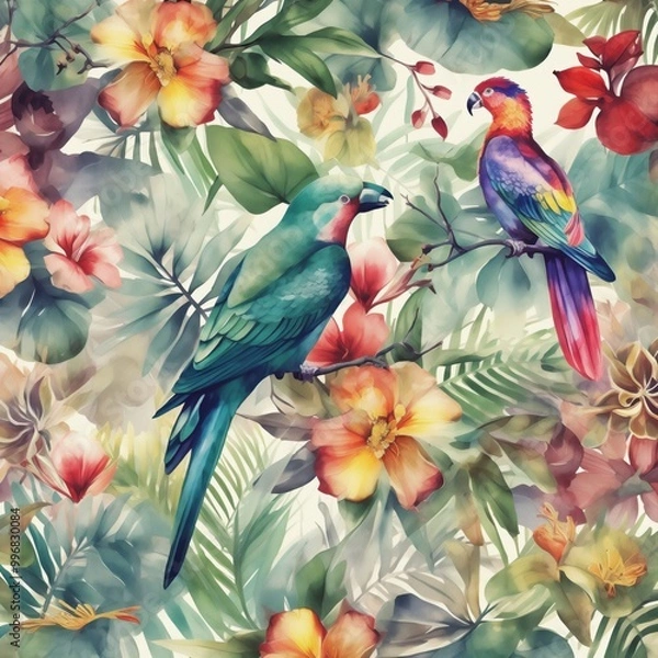 Obraz Vividly Beautiful Colorful Parrots Surrounded by Lush Tropical Flora and Botanical Elements