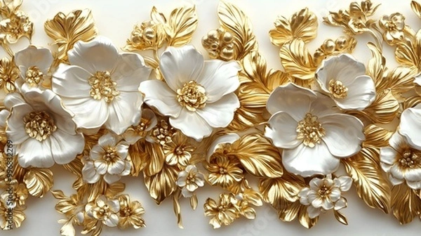 Obraz Lavish white gold floral border jewelry featuring ornate gold flower designs and lush botanical embellishments  The gleaming metallic textures ornamental Art Nouveau influences