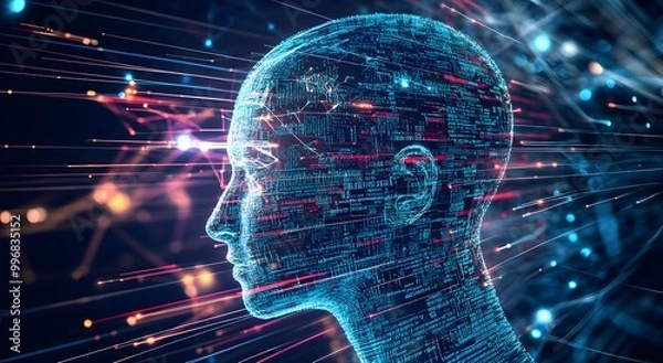 Fototapeta Abstract digital human head with glowing cybernetic elements on dark background, artificial intelligence concept. High quality illustration for banner design. copy space, high resolution