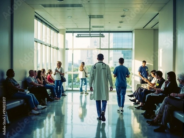 Fototapeta A busy hospital scene featuring doctors walking in the corridor with patients seated, highlighting healthcare services, urgency, and the dedication of medical professionals.