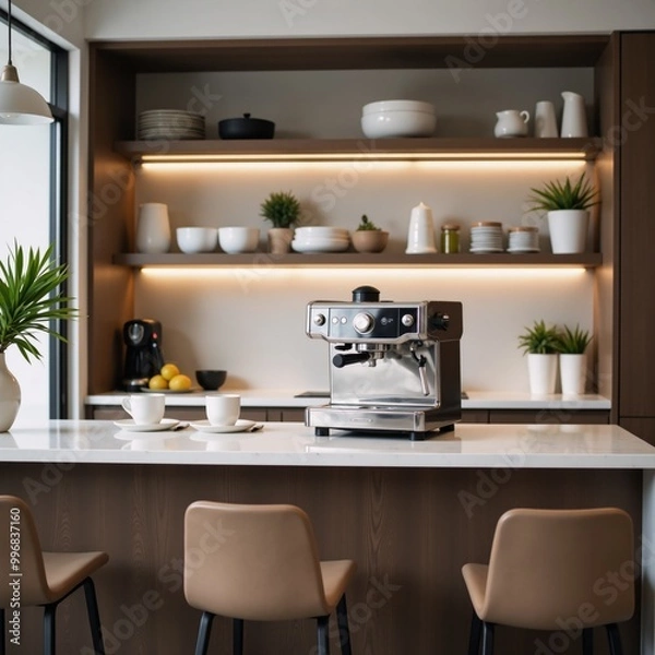 Fototapeta Kitchen Interior featuring Bar Counter Shelves  Chairs
