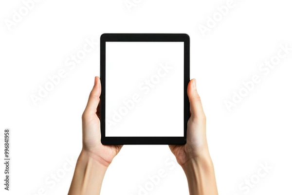 Fototapeta Digital Tablet Mockup with Blank Screen Held by Hands, Isolated on White Background, Perfect for Tech Designs, App Displays, and Digital Device Templates