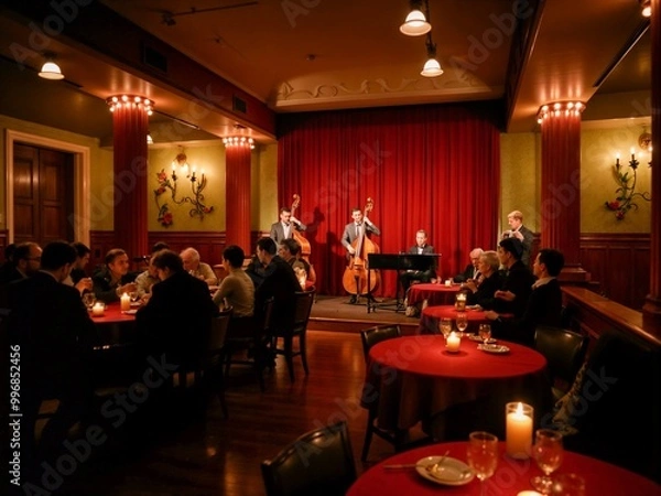 Fototapeta A jazz band performs on stage with a double bass, piano, and trumpet in a dimly lit restaurant, evoking a cozy atmosphere of live music and dining pleasure.