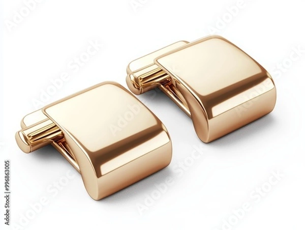 Fototapeta A pair of polished gold cufflinks, isolated on a white background
