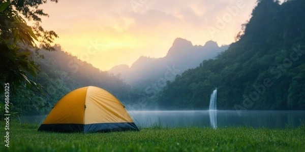 Obraz tent on grass field near lake and waterfall background