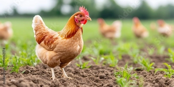 Obraz A chicken is standing in a field of grass. There are several other chickens in the field. The scene is peaceful and calm