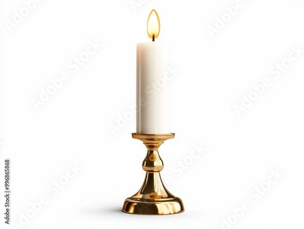 Fototapeta A vintage brass candlestick with a lit candle, isolated on a clean white background