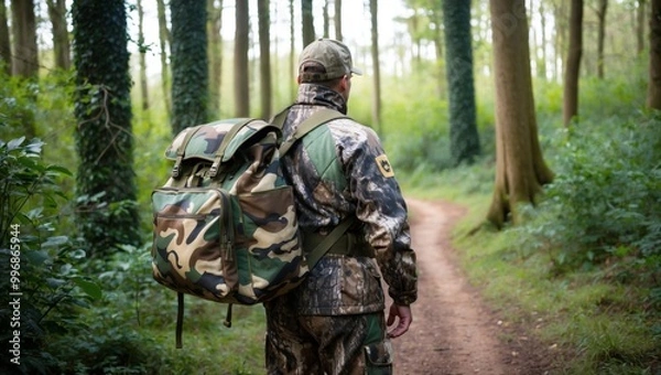 Obraz Backpacker in camouflage walking through the woods