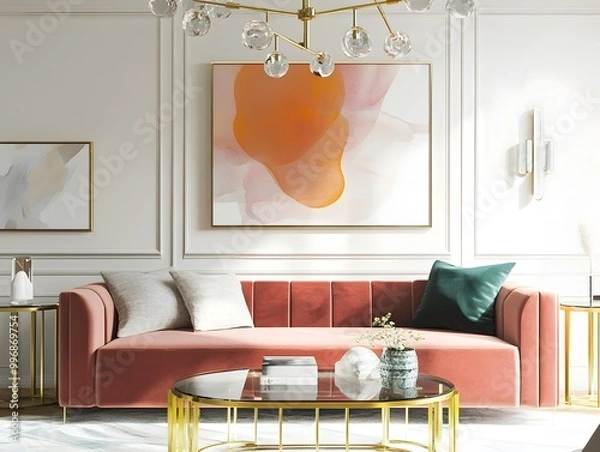 Fototapeta Sophisticated and elegant contemporary living space featuring a plush velvet sofa brass and glass coffee table abstract artwork and a modern chandelier