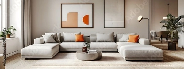 Fototapeta Sophisticated and inviting modern Scandinavian inspired living room with a large comfortable sectional sofa in neutral tones vibrant pops of color warm natural lighting and a clean