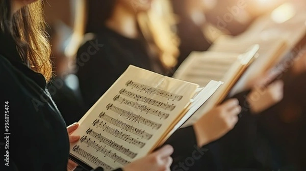 Fototapeta A group of singers holding sheet music with a blank background for text placement.