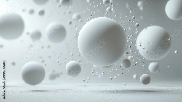Fototapeta Minimalist white background with floating 3D spheres, creating a stylish and abstract visual.
