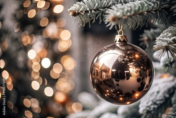 Fototapeta Close-up of a shiny bronze Christmas ornament hanging on a snowy tree branch with warm golden bokeh lights in the background, creating a festive holiday mood.