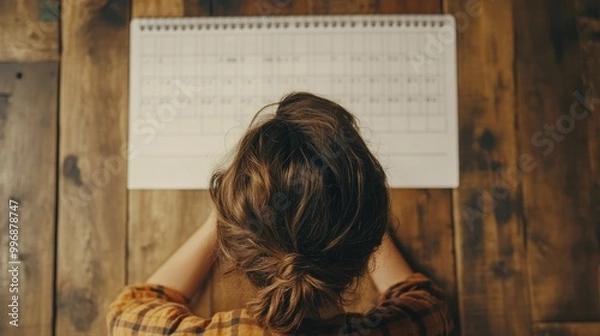 Fototapeta A person staring at a blank calendar or planner with ample background space for text.