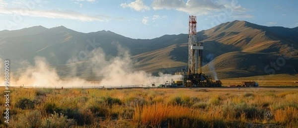 Fototapeta Geothermal Drilling Rig Operating in Mountainous Terrain
