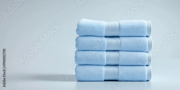 Fototapeta Stacked blue towels on white background, professional textiles, premium essentials concept