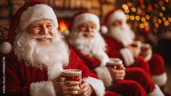 Fototapeta A cheerful Santa Claus smiling warmly while holding a cup of hot cocoa, surrounded by fellow Santas in a cozy, festive setting.