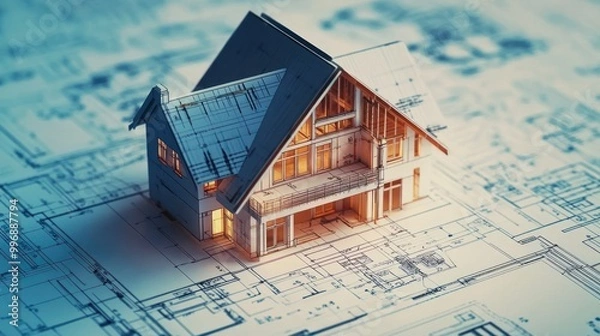 Fototapeta Model Home on Blueprint