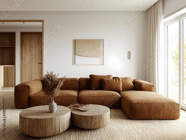 Fototapeta Warm and Relaxing Modern Minimalist Living Room with Plush Sectional Sofa and Natural Wood Accents  Bright and airy atmosphere with mid century modern style and 3D rendering