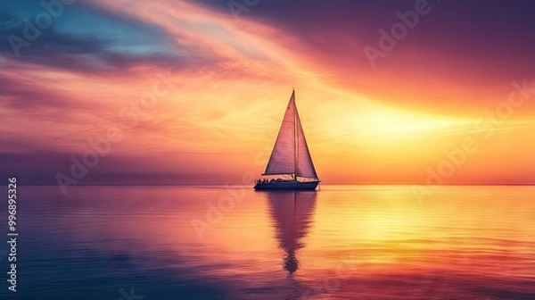 Fototapeta Sailboat at dusk, with warm colors in the sky providing ample copy space.