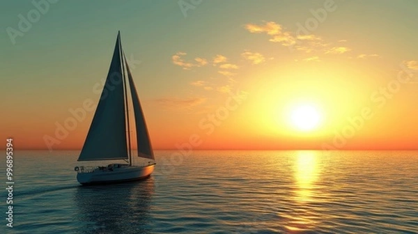 Fototapeta Sailboat cruising along a coastline at sunrise, with the horizon offering ample space for text.
