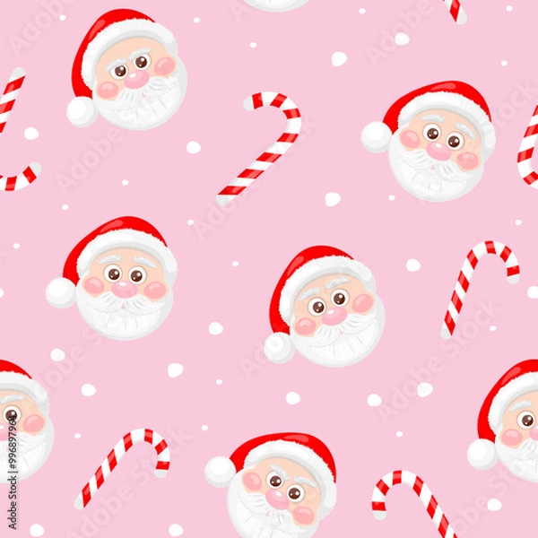 Fototapeta Seamless pattern with Cute Santa Claus faces and candy cane on pink background. Merry Christmas and happy new year. Design for print, wrapping paper, textile, fabric, wallpaper