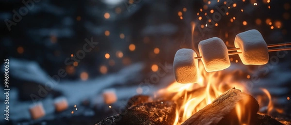 Fototapeta marshmallows being toasted on skewers over a campfire. The marshmallows are turning golden brown 