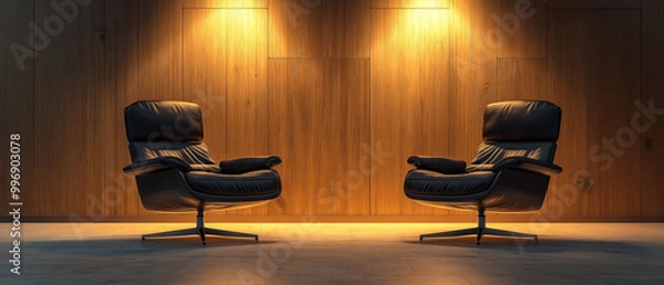 Fototapeta two black lazy chairs positioned under spotlights in a podcast or interview room
