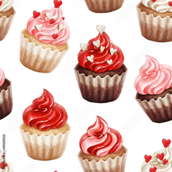 Fototapeta Valentine cupcakes seamless pattern isolated