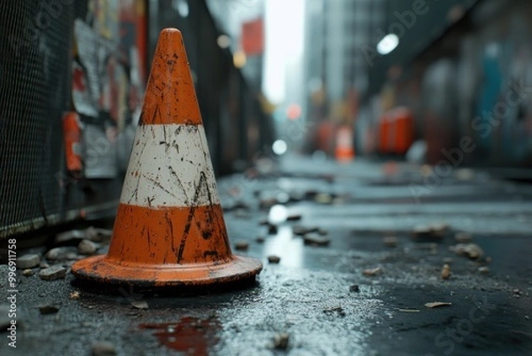 Fototapeta Worn Orange Traffic Cone on Wet Pavement