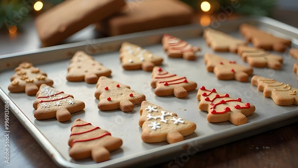 Fototapeta small decorated biscuits in the shape of Christmas tree lying on stainless baking sheet in light kitchen,  three rows of fir tree cookies coloured creatively by kids cooling down